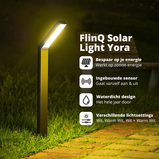 FlinQ Yora Solar Tuinverlichting - Tuinlampen op zonne-energie - Buitenlamp - Aluminium - 2-pack - Zwart