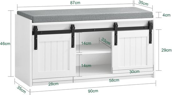 SoBuy Schoenenrek met Schuifdeuren, Halmeubel met Kussen, 6 Vakken Schoenenbank voor Entree, 90x35x46 cm, Wit, FSR133-K-W