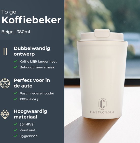 Castagnola Thermosbeker - Koffiebeker To Go - Travel Mug voor Koffie en Thee - Theebeker - 380 ML - RVS - Offwhite