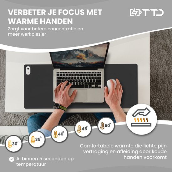TTD® Verwarmde Muismat & Verwarmde Bureau Onderlegger - Verwarmingsmat voor Koude Handen - Bureau Verwarming - 30℃ tot 50℃ - Bureau Organizer – Bureaumat – Bureau Accessoires – Muismat XXL