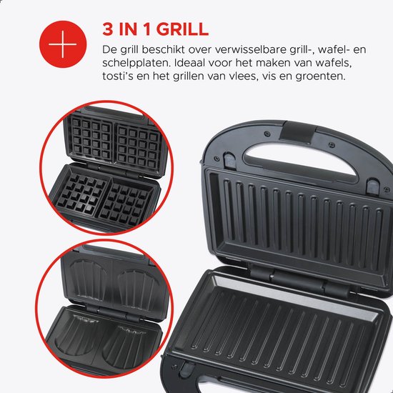 Bourgini MultiGrill 3-in-1 – Tosti apparaat, Grill & Wafel ijzer – PFAS-vrij – Verwisselbare platen – 750W