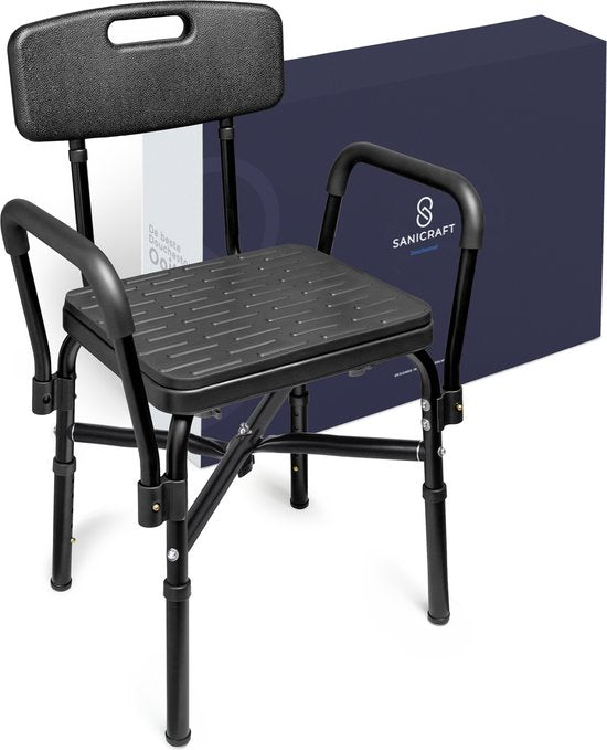 Sanicraft® Douchestoel - Douchekruk met Armleuning & Douchekophouder - Stoel & Kruk in 1 - Verstelbare Hoogte - Anti-Slip Poten - Zwart