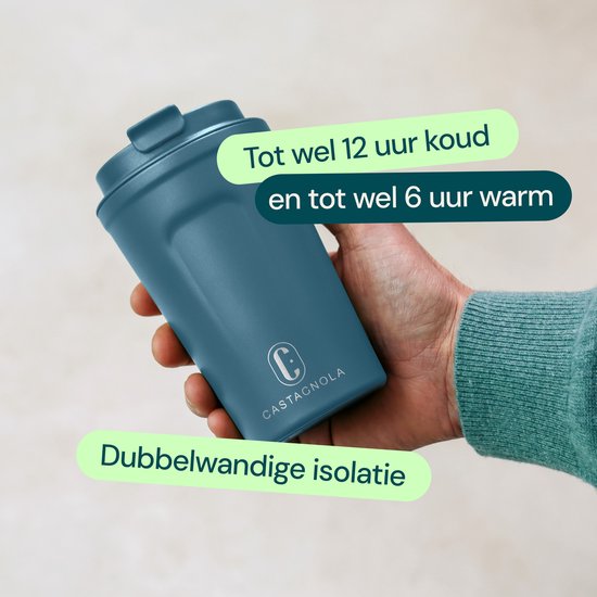 Castagnola Thermosbeker - Koffiebeker To Go - Travel Mug voor Koffie en Thee - Theebeker - 380 ML - RVS - Blauw