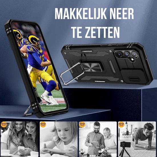 Podec Hoesje geschikt voor Samsung Galaxy A56 / A36 / A37 - Zwart Telefoonhoesje - Anti-Shock Case Cover - Hybrid Armor Hoes met Kickstand Ring met Screenprotector