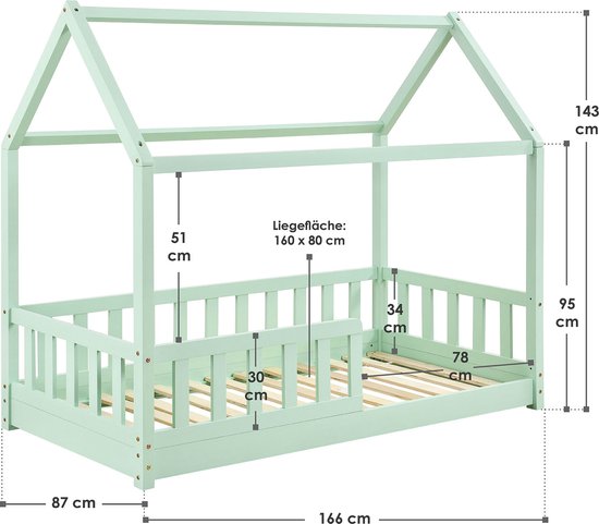 Juskys – Marli Kinderbed & Huisbed – 80 x 160 cm – Voorzien Van Uitvalbeveiliging En Lattenbodem – Voor Jongens En Meisjes – Mint Grenenhout