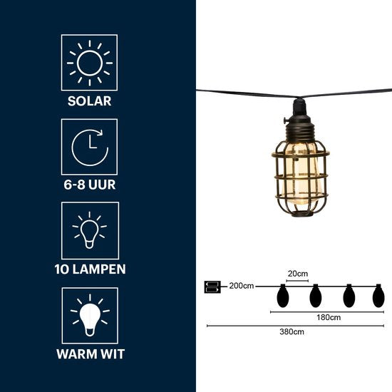 Tuinverlichtingslinger - 3,8 m - Zonne-energie - Warm Witte LED's