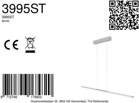 Steinhauer - Design Hanglamp Bande - Moderne Metaal Lamp met LED - In Hoogte Verstelbaar - Staal Kleur