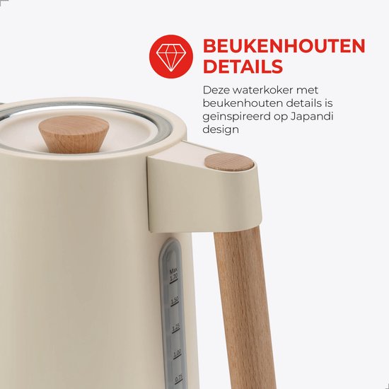 Bourgini Harmony - Waterkoker - RVS - Creme met echte beukenhouten elementen - 1.7L - Licht ontwerp