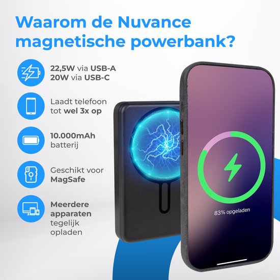 Nuvance Powerbank 10000 mAh - Geschikt voor MagSafe - 15W Snellader - Draadloze Powerbank - Usb-A 22.5W & Usb-C 20W - Zwart