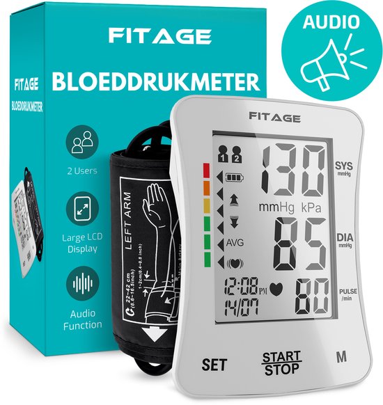 FITAGE Medische Bloeddrukmeter Bovenarm - Bloeddrukmeters - Hartslagmeter - Blood Pressure Monitor - Manchet 22-42cm - WIT