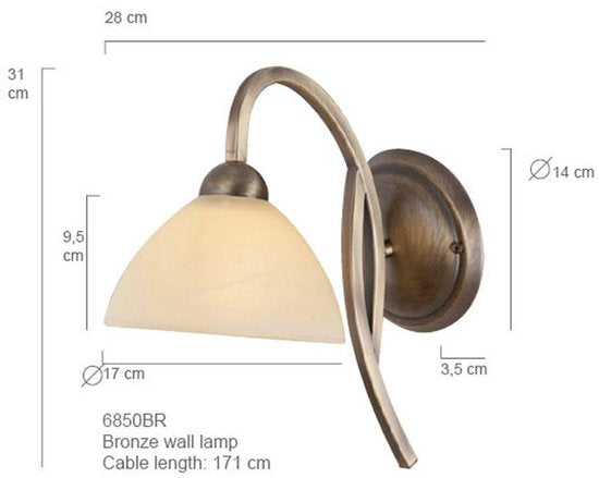 Anthea 4328BR – Klassieke wandlamp met bronskleurig armatuur en marmerlook glazen kap van 17 cm, E27 fitting, Steinhauer