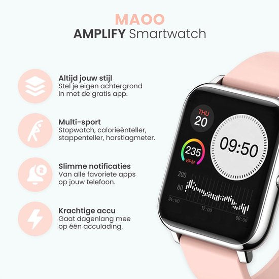MAOO Amplify Smartwatch – Incl. Screenprotector – Hartslag, Bloeddruk & Bloedsaturatie – Slaapmonitor – Stappenteller – Afstandsmeting – Waterproof – Smartwatch Dames – iOS & Android – Roze