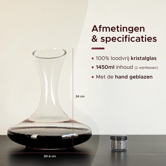 Luxwine® - Decanteer karaf - Wijnkaraf - 1,45L - Incl. 1000 Schoonmaakparels - Incl. kurkafsluiting - Decanter