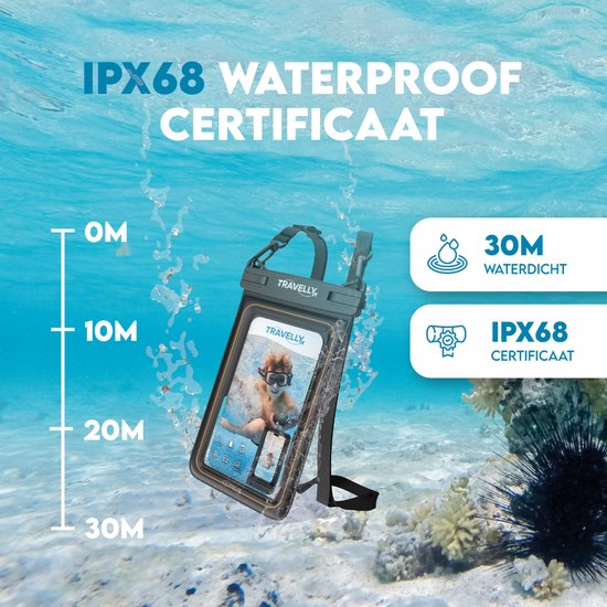 Travelly® Luxe Waterdicht Telefoonhoesje – Universeel Onderwater Hoesje voor Smartphone – Geschikt voor alle telefoons – Drybag – Voor Vakantie, Zwemmen & Watersport - Zwart