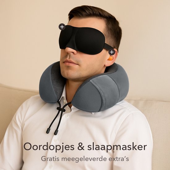 SC Travel Essentials - Nekkussen Set 3-delig - Ergonomisch Memory Foam Reiskussen met Oogmasker en Oordoppen - Ideaal voor Vliegtuig, Auto en Trein - Compact en Luxe - Apricot