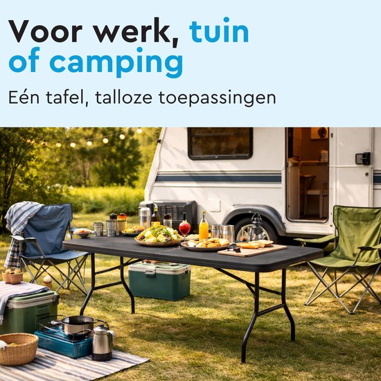 BRASQ Inklapbare Vouwtafel Zwart - 180x70x74cm- Campingtafel - Klaptafel - Weerbestendig - Tafel met draaghandvat