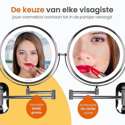 Goliving Make Up Spiegel Met Verlichting - Ø25 cm - 10x Vergroting - Dimbare Make-upspiegel - Scheerspiegel - LED Verlichting - USB-C Oplaadbaar - Dubbelzijdig - 27 x 27 cm - Chroom