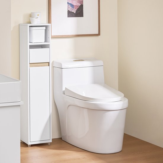 SoBuy BZR151-W Badkamermeubel voor smalle ruimtes, compacte opbergkast met verstelbare plank en lade, voor badkamer, toiletkast van hout, wit, 20 x 20 x 96 cm