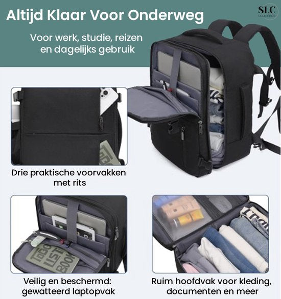 SLC-Collection - Zwart – Rugzak - 25 Liter - Transavia - Handbagage - 40x30x20cm - 14 Inch Laptop - USB Poort - Laptoptas - Dames - Heren - Reistas – Koffer - 10XS