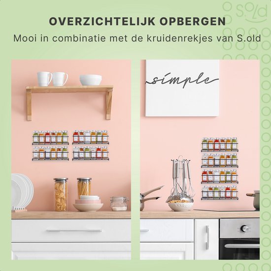 S.old - 24 Glazen Kruidenpotjes vierkant met Deksel - Kruidenstrooier - Complete set met Strooideksels, Voorbedrukte Stickers en Trechter - Inhoud 120 ml - 10,5 x 4,3 cm