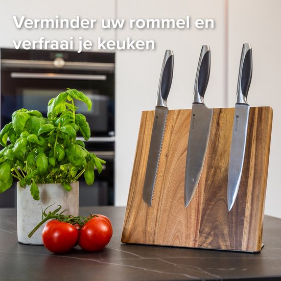 Groot Houten Messenblok Magnetisch Coninx Quin XL 27.5x27.5CM | Messenmagneet zonder messen | Messenhouder | Antislip - RVS-Acacia hout.
