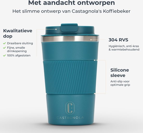 Castagnola Thermosbeker - Koffiebeker To Go - Travel Mug voor Koffie en Thee - Theebeker - 380 ML - RVS - Blauw