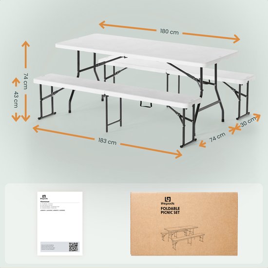 LifeGoods Inklapbare Picknickset - 180cm x 74cm - Tuintafel met 2 Banken - Weerbestendig - Campingtafel - Biertafel Opklapbaar - Voor Binnen en Buiten - Voor 6 tot 8 Personen - Wit