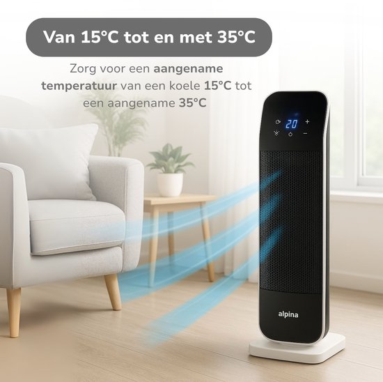 Alpina Keramische Ventilatorkachel KPT-2402D – Voorzien Van Timerfunctie En Luxe Afstandsbediening En Automatische Zwenkfunctie – Voor Slaapkamer En Werkkamer – Zwart En Wit Kunststof – 2000W