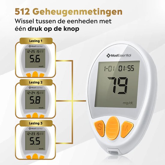 MostEssential Premium Glucosemeter Startpakket - Bloedsuikermeter - Bloedglucosemeter - Diabetes Meter - Alles in één set - Inclusief Opbergtas, Prikpen, 10 Teststrips & 10 Lancetten