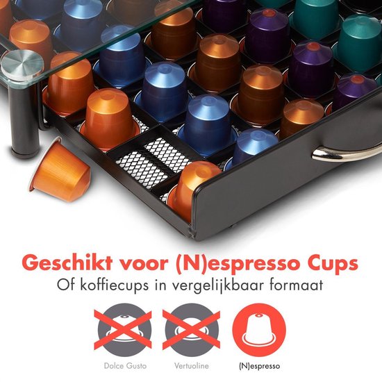 KitchenBrothers Capsulehouder - met Lade - Nespresso - 60 Cups - Glas - RVS/Zwart