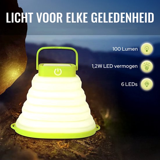 Tech Essentials Solar LED Lantaarn - Opvouwbaar - Groen - Tentlamp - Led Lamp Oplaadbaar - Kamperen - Nood - Storm - Hanglamp - Zonne Energie
