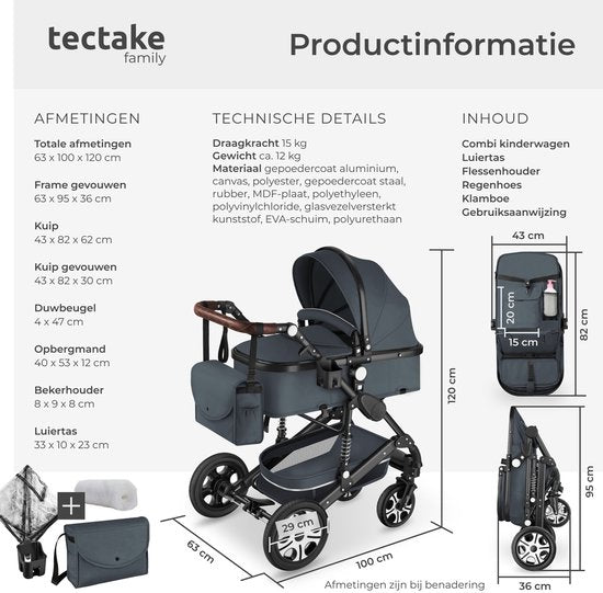 tectake® - Multifunctionele Kinderwagen Mats - 2-in-1 Babywagen inclusief voetenzak, regenhoes, flessenhouder en opbergmand - Wandelwagen met 15kg draagkracht - Opvouwbaar met 5-puntsgordel - Antraciet