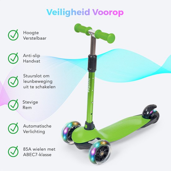 LifeGoods Kinderstep - voor 2-5 Jaarige - 3 Lichtgevende LED Wielen - Hoogte Verstelbaar - Groen - 55x62,50x69,50 cm