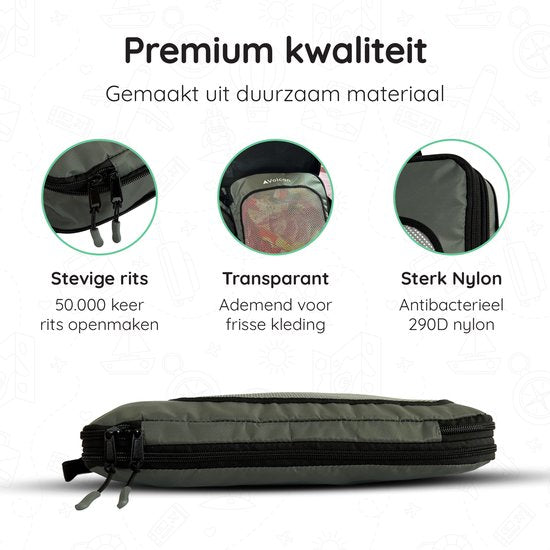 Volcan Compression Packing Cubes - Koffer Organizer Set - Set van 4 - Met Compressierits - Voor Backpack & Koffer - Botanisch Groen