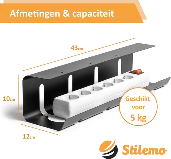 Stilemo Kabelgoot Bureau 2 Delig - Cable Management - Kabelhouder 43 CM - Kabelbox - Kabel Organiser 5 KG Draagkracht - Opberbox Stekkerdoos - Zwart - Incl. Accessoires