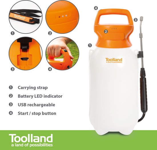 Toolland Drukspuit, elektrisch, herlaadbare batterij, telescopische lans, regelbare sproeikop, schouderriem, 8 liter, wit/oranje/zwart