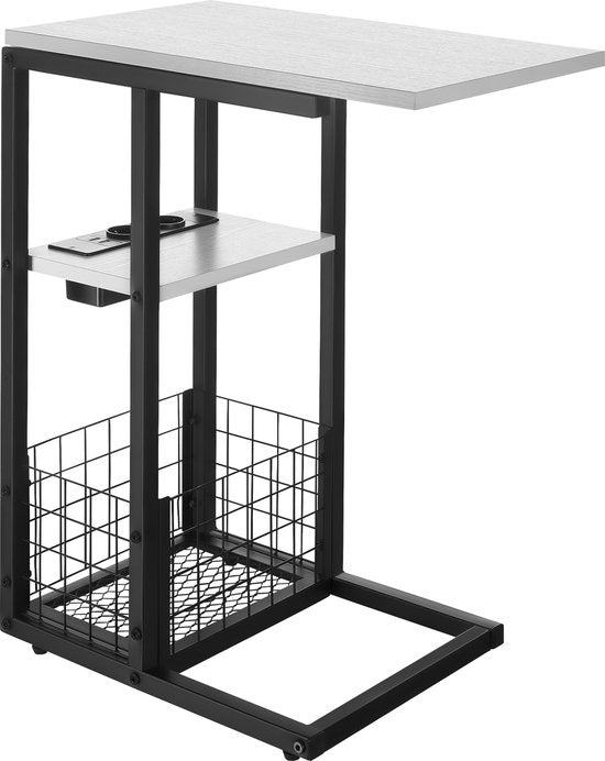 tectake® Laptoptafel met laadstation - Incl. stekkerdoos – C-Vormige computertafel - Bijzettafel - Nachtkastje - Met krantenstandaard en extra plankje - Wit