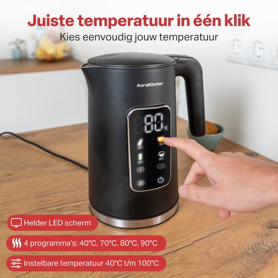 AoraKitchen Waterkoker - LED Touchscreen - Instelbare Temperatuurregeling - Waterkokers - 1.7L - Elektrisch - Cool Touch - Zwart