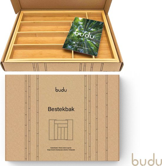 Budu Uitschuifbare Bamboe Bestekbak #43 (43 cm diep) - Bestekcassette Hout - Besteklade - 43 x 32,2 - 53 cm - 6/8 vakken