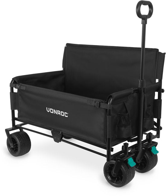 VONROC Bolderkar – Met zitfunctie – Opvouwbaar – 120 kg draagvermogen – 115l inhoud – Massieve anti-lek wielen – Stevig stalen frame – Polyester 600D - Zwart
