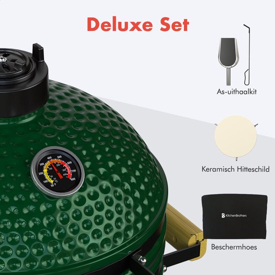 KitchenBrothers Kamado BBQ - 16 Inch Houtskool Barbecue - 34⌀ cm - PFAS-vrij - Deluxe Set - Egg BBQ met Accessoires - Vaderdag Cadeau - Groen