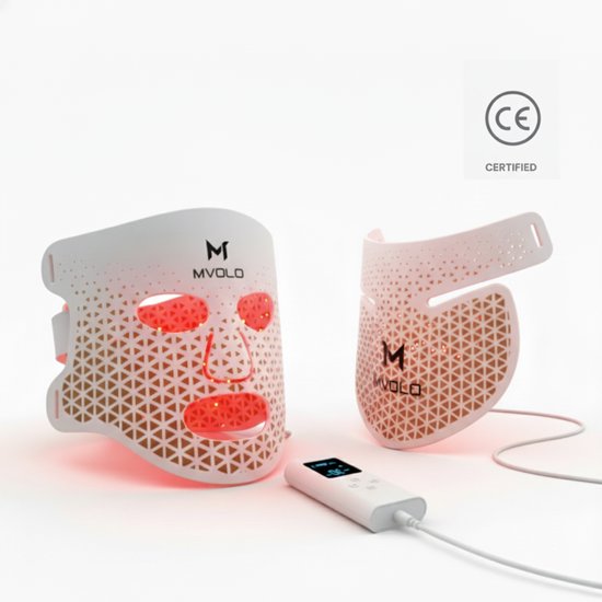 Mvolo® LED Gezichtsmasker - Professioneel Red Light Therapy Masker met Halsmasker - Infrarood Lichtmasker 4 Golflengten - Draadloos - Huidverzorging