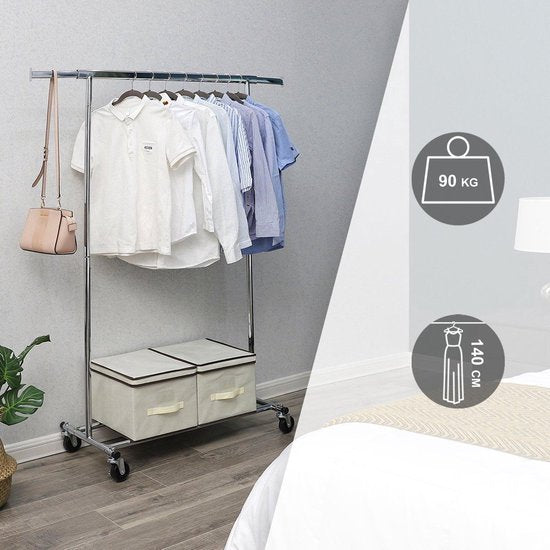 O'DADDY® Kledingrek op Wieltjes - Garderoberek - Verstelbare kledingstang - Uitschuifbare Kledingstang 92-132 cm - 90 kg Belastbaar - Metaal - Zilver