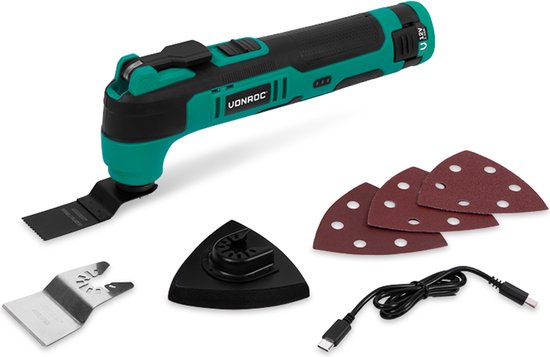VONROC Accu Multitool 12V – met schraapmes, invalzaagblad, schuurzool en schuurpapier - Incl. Accu en usb-c kabel