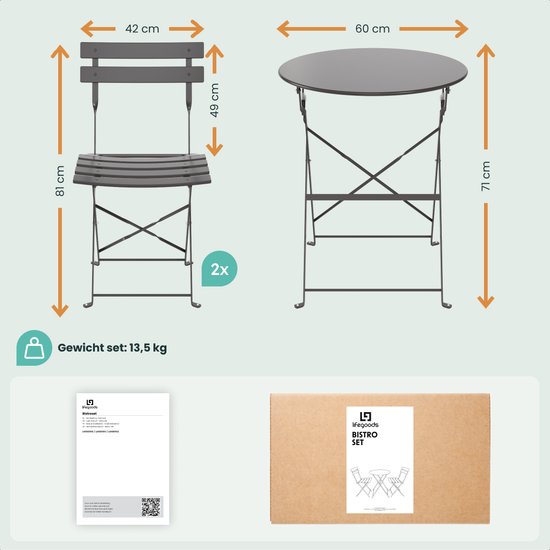 LifeGoods Bistroset - Staal - 3-delig - Tuinset - Inklapbaar - Balkonset met Tafel - Weerbestendig - Donkergrijs