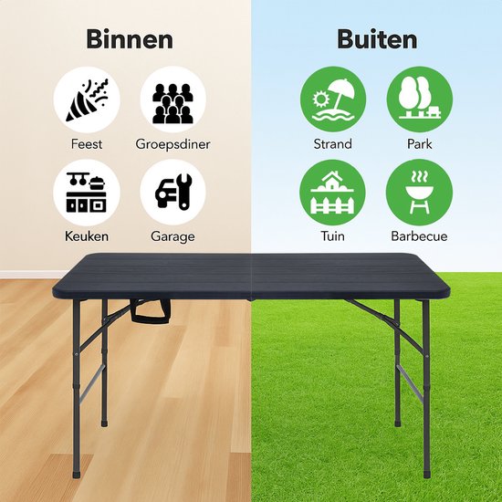 LifeGoods Inklapbare Tafel - 124x61,5 cm - Stevige Klaptafel - Weerbestendig - Inklapbare eettafel - Campingtafel - Vouwtafel voor Binnen en Buiten - Zwart houtnerf