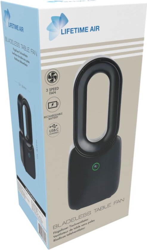 Lifetime Air Tafelventilator - Ventilator USB-C Oplaadbaar - Statief Ventilator met Nachtlampje en Afstandsbediening - Ventilator met Afstandsbediening en 3 Snelheden - Zwart