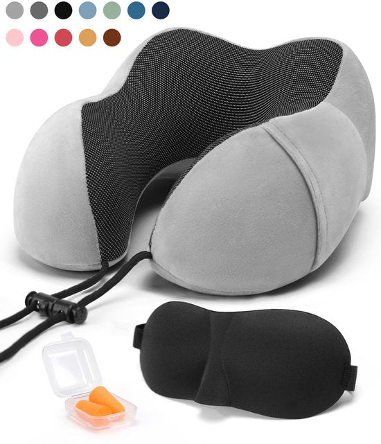 SC Travel Essentials - Nekkussen Set 3-delig - Ergonomisch Memory Foam Reiskussen met Oogmasker en Oordoppen - Ideaal voor Vliegtuig, Auto en Trein - Compact en Luxe - Lichtgrijs
