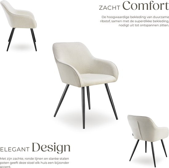 tectake® Eetkamerstoelen Marilyn - Gestoffeerde Stoelen met Koordlook/ribstof - Zwarte Stoelpoten - Ergonomische Keukenstoel - Stoel voor Eetkamer, Woonkamer, Slaapkamer - Creme