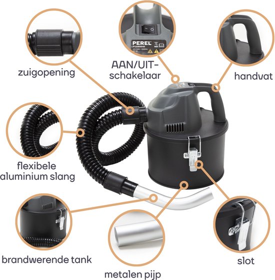 Perel Mini-aszuiger, haardzuiger, stofzuiger voor as, open haard, barbecue, droogzuiger met flexibele slang 0.3 m, HEPA-filter, zuigfunctie, zonder zak, 600 W, 4 L